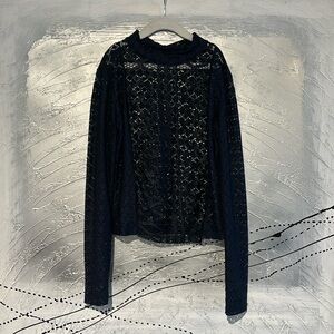 Zara Lace Mock Neck Long Sleeve Blouse Size S Navy Blue